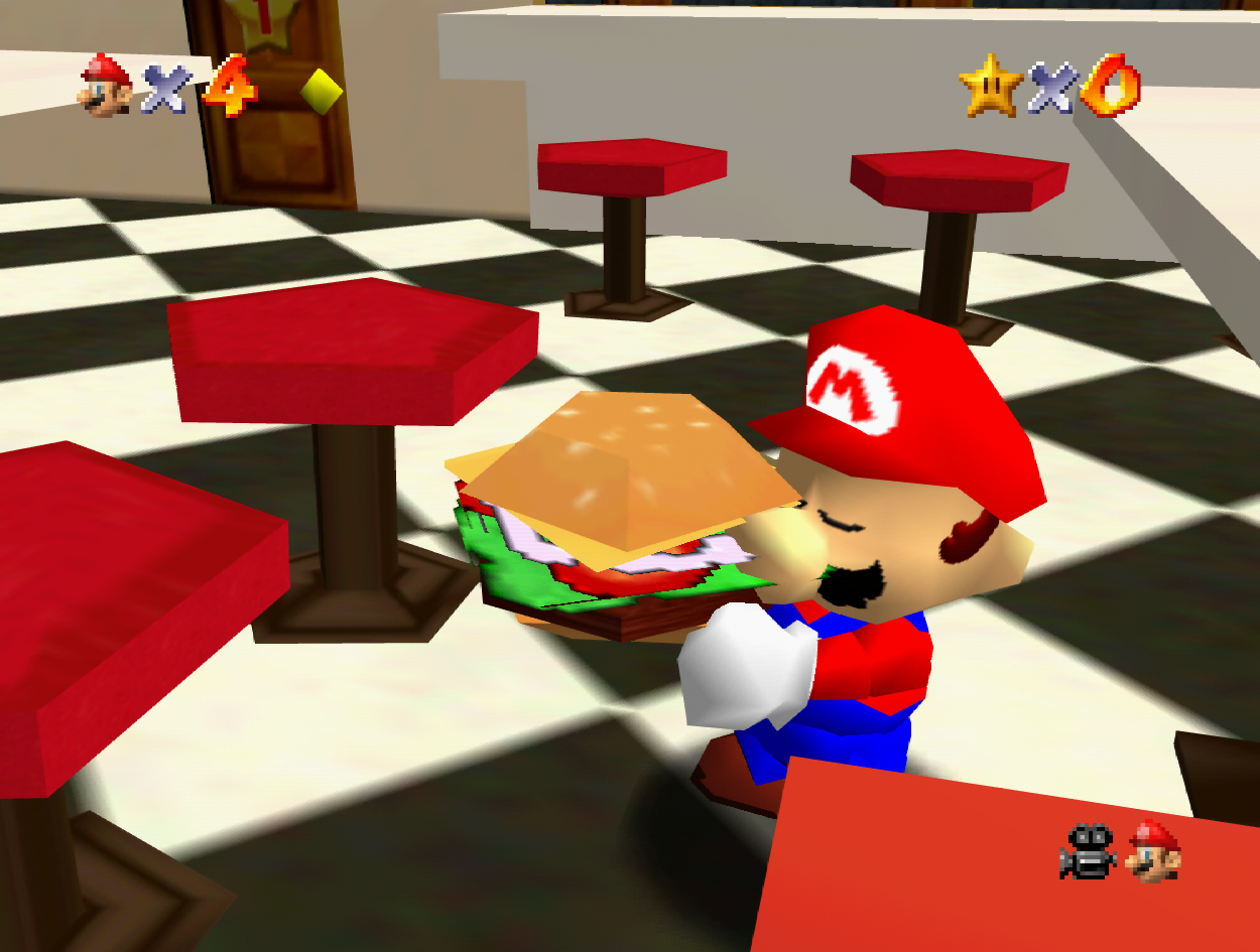 Mario carrying a burger inside the restaurant