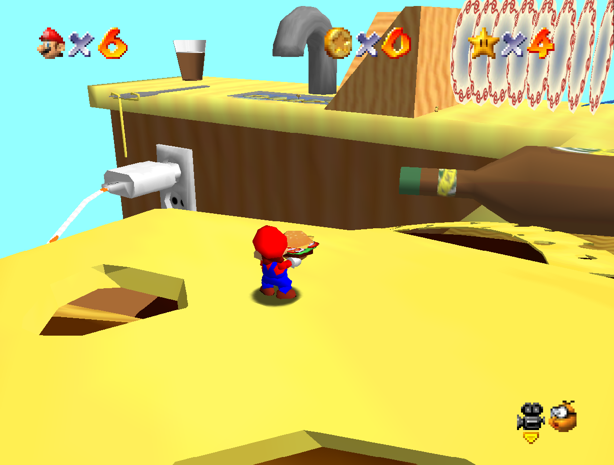 Mario carrying a burger in the Titan's Kitchen