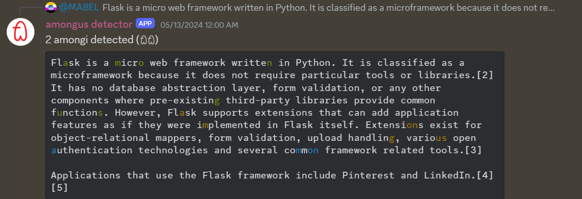 Screenshot of amongus detector detecting
            amongi in a section of a wikipedia article