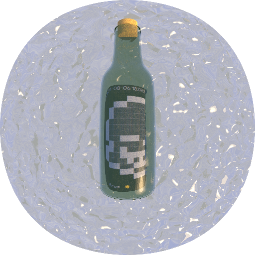 render of a glass bottle containing a rolled up discord message floating in an ocean