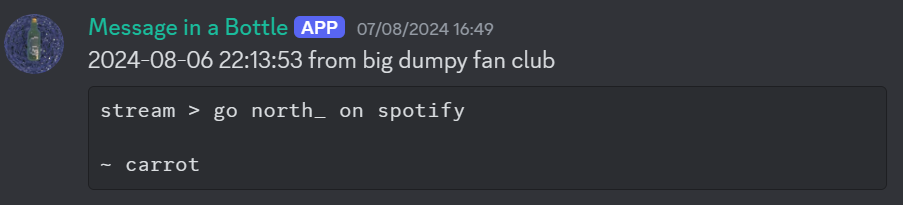 Screenshot of a bottle arriving from another server