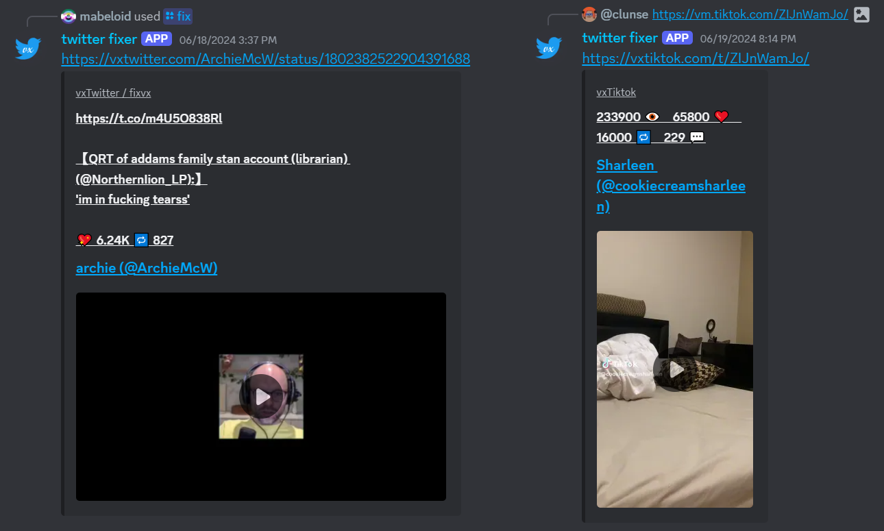 Screenshot of twitter fixer fixing
        a twitter link and also a tiktok link
