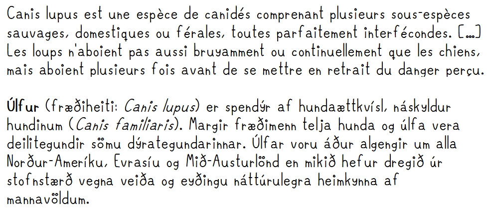 text showing french and icelandic